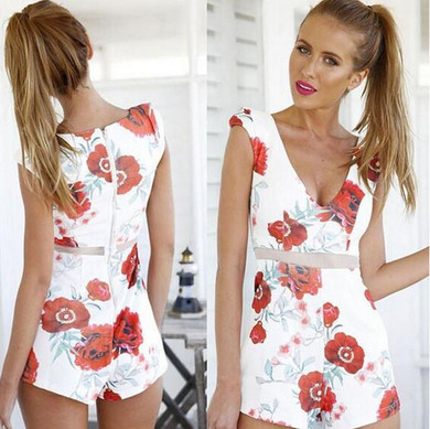 2016 sexy rompers womens summer jumpsuit High Waist Gorgeous multi straps Print backless Playsuit Shorts jumpsuits plus size