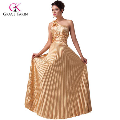 2017 Beautiful Luxury Gold Evening Dress Grace Karin Satin long Party Dresses new Formal Gowns vestido de festa longo 6033