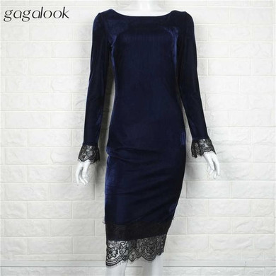 2016 Brand Winter Women Velvet Dress Black Lace Robe Sexy Long Sleeve Split Red Midi Bodycon Office Dress Vestidos D1209