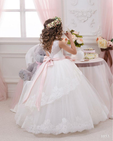 Elegant First Communion Dresses For Girls Ball Gown White Lace Bow Flower Girl Dresses For Weddings Kids Evening Gowns