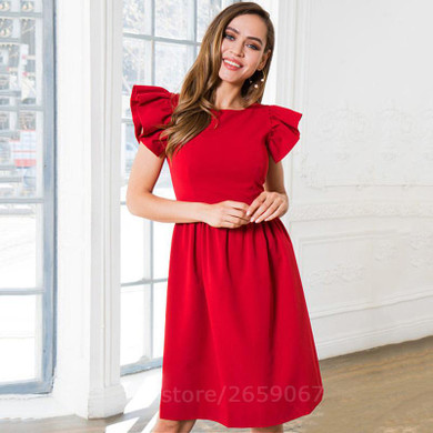 Elegant Butterfly Sleeve A-Line Dress 2018 Summer Solid Women's Fashion Ruffles O-Neck Slim Causul Dress Party Mini Dresses