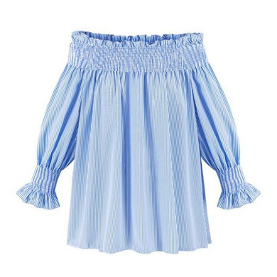 Elegant Blue Off Shoulder Female Blouse Shirt Girls Gray White Blouses Women Striped Tops XL-5XL