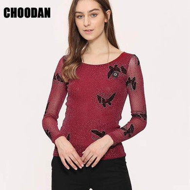 Elegant Blouse Shirt Long Sleeve 2017 New Spring Autumn Butterfly Print Silver Sexy Perspective Mesh Women Blouses Fitness Tops