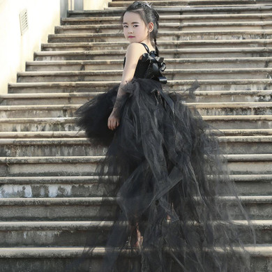 Elegant Black Girl V-neck Tutu Dress Baby Girls Pony Floor Train Birthday Party Gown Tutu Dresses Halloween Costume For Kids