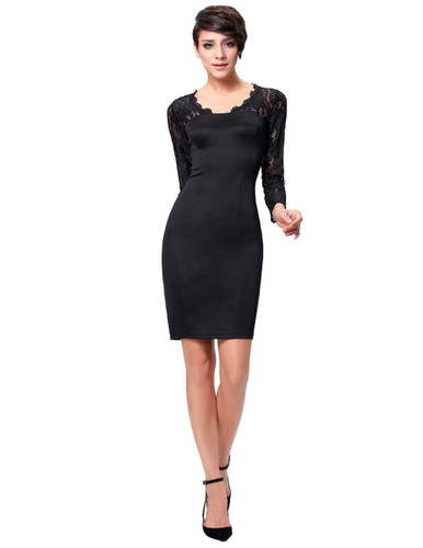 Elegant 2017 Robe Lace Long Sleeves Cocktail Dresses Short Party Dress Knee Length Robe de Cocktail Courte Black Dress 0207