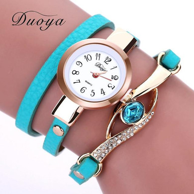 Duoya New Brand Quartz-watches Women Eye Gemstone Wristwatch Luxury Leather Gold Bracelet Watch Fashion Ladies Dress Watch