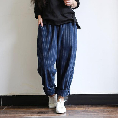 2016 Women Vertical Striped Loose Cotton Loose pants Female Casual Striped Trousers Ladies Plus Size Wide Leg Pants