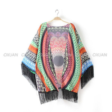 2016 Women Summer Geometric Print Blouse Tassel kimono Shawl Kimono Cardigan Blusa Feminina  Casual Shirts Jackets