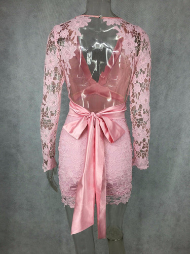 2016 Women Deep V-neck Long Sleeve Lace  Floral  dress  backless Mini Bodycon Dress with bow belt Dresses Vestido 2016 Women Deep V-neck Long Sleeve Lace  Floral  dress  backless Mini Bodycon Dress with bow belt Dresses Vestido