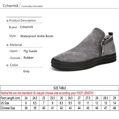 CcharmiX Mens Chelsea Boots Winter Waterproof Men Snow Boots Zipper Pig Suede Male Ankle Boots Men Warm Snowboots Large Size 47