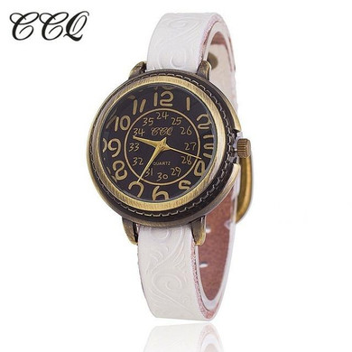 CCQ Brand Vintage Cow Leather Bracelet Watch Women Flower Engraved WristWatch Casual Luxury Quartz Watch Relogio Feminino 1353