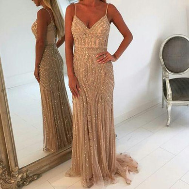 Luxury Dubai Spaghetti Straps Mermaid Evening Dresses 2017 New Champagne Crystal Low Back Long Party Gowns Robe De Soiree Luxury Dubai Spaghetti Straps Mermaid Evening Dresses 2017 New Champagne Crystal Low Back Long Party Gowns Robe De Soiree