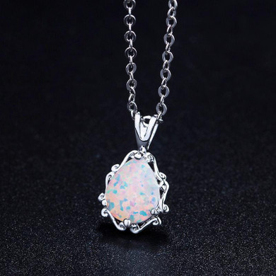 Luxury Created Opal Pendant Necklace Sterling Silver Oval Solitaire Cabochon Pendant Necklace