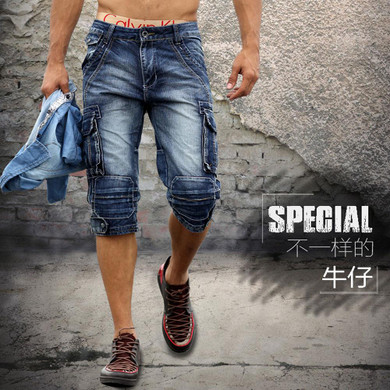 New 2017 Men Retro Denim Shorts, Men's Casual Washed Cotton Short Jeans, Men cowboy Wear Military Style Multi Pocket Shorts