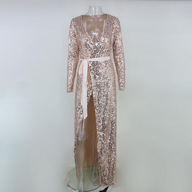 NATTEMAID Sexy women Sequin Maxi Dresses Long Sleeve Bodycon Deep V Neck Split Autumn Elegant Long Dresses Party Club Vestidos