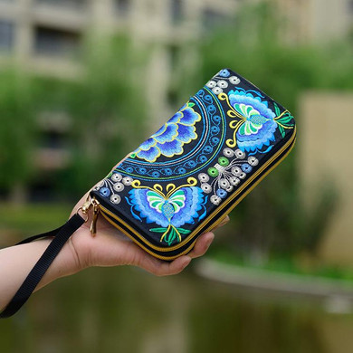 National Trend Embroidered Women Wallets Long Handmade Embroidery Floral Canvas Double Zipper Coin Purse Credit Card Holder