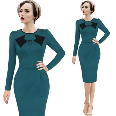 Vfemage Womens Elegant 1950s Vintage Pinup Retro Rockabilly Patchwork Long Sleeve Work Party Sheath Bodycon Wiggle Dress 8167