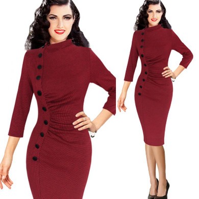 Vfemage Womens Autumn Winter Vintage Pinup Retro Rockabilly 3/4 Sleeve Button Ruched Pleated Work Party Wiggle Sheath Dress 8430