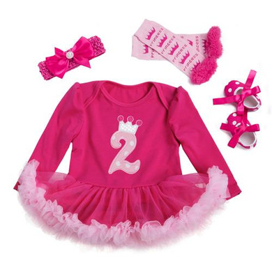 Princess Baby Girls 4pcs Sets Long Sleeve Cotton Rromper Rose Red Ruffle TUTU Dress Baby Clothing Vestidos 1 Birthday Dress