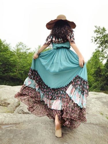 Popular Floral-Print Slim Fit Chiffon Stripes Off-Shoulder Bohemia Beach Dress