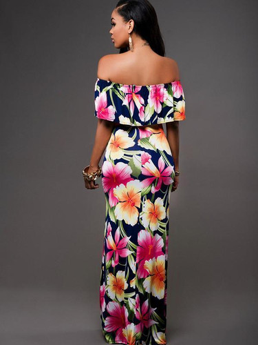 Popular Fashion Floral-Print Off-Shoulder Falbala Slim Fit Maxi Dress
