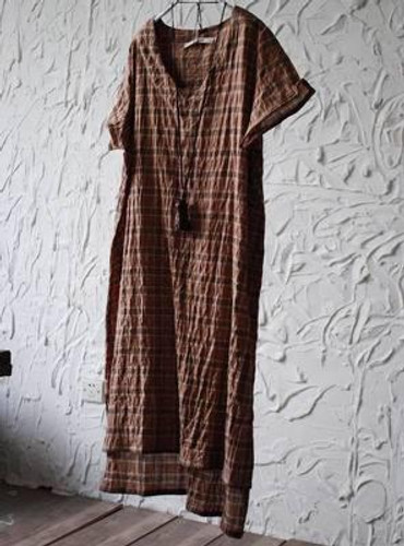 Original Pleated Cotton Linen Dress Loose Vestidos 2017 Short Sleeve Women Casual Plaid Dresses V-neck Irregular Summer Dress Original Pleated Cotton Linen Dress Loose Vestidos 2017 Short Sleeve Women Casual Plaid Dresses V-neck Irregular Summer Dress