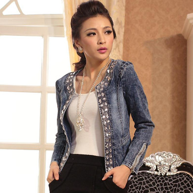 OLGITUM 2017 Retro Jackets Women Coat With Rivets Female Jacket Slim Denim Jackets Outerwear Coats Classical Rhinestone Sequins