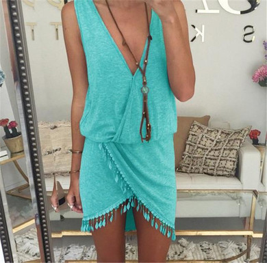 Saenshing Sexy Beach Dress Women Deep V-neck Tassel  Pareo Vestidos Boho 2017 Summer Dresses Woman Solid 4 Color Casial Sundress