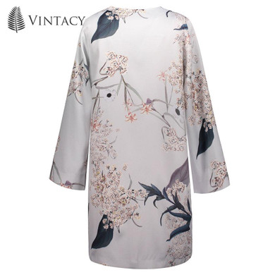 Vintacy Autumn Long Sleeve Floral Cardigan Women Gray Print Casual Loose Blouse Shirt Female Plus Size Thin Kimono Long Cardigan