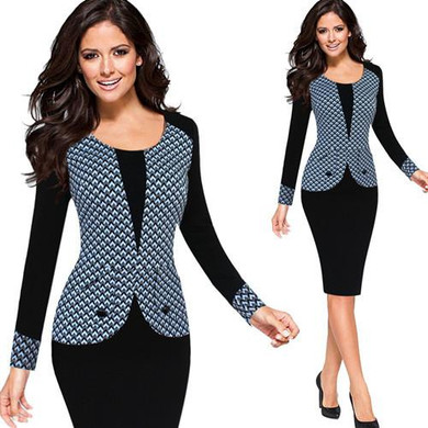 Vfemage Womens Winter Mature Elegant Casual Work Button Patchwork Full Sleeve O-Neck Bodycon Women Office Pencil Slim Dress 4440