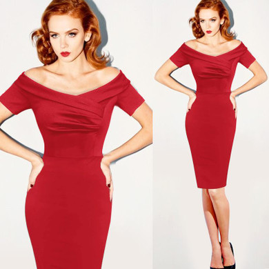 Vfemage Womens Summer Elegant Vintage Pinup Retro Rockabilly Sexy Off Shoulder Ruched Party Bodycon Sheath Wiggle Dress 500