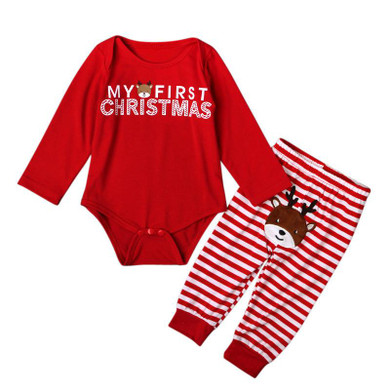 Unisex Baby Clothing 2016 Christmas Newborn Baby Rompers + Striped Pants Long Sleeve Girls Boys Baby Clothes Sets Red Outfits