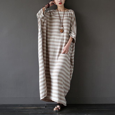 SCUWLINEN 2017 Summer Dresses Vintage Striped Batwing Sleeve Robe Maxi Long Loose Plus Size Women Dress Casual Linen Dress S193