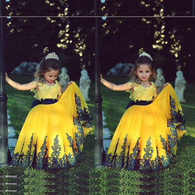 Saudi Arabic Yellow Lace Ball Gown Pageant Dresses for Little Girls Vestido de daminha First Communion Gowns Flower Girls Dress