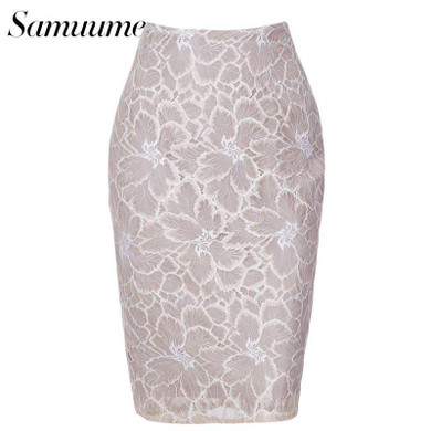 Samuume New Arrival Women Fashion Pencil Midi Skirts Lace 2017 High Waist Bodycon Office Skirts Autumn Saia Femininas A1708016