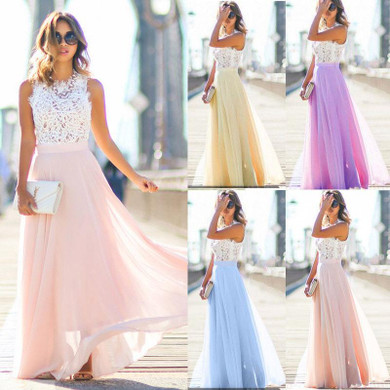 New Elegant Women Lace Chiffon Formal Wedding Bridesmaid Long Party Ball Prom Gown Dress Womens Sleeveless Long Dresses
