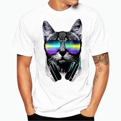 Newest men's fashion short sleeve music DJ Cat printed funny tee shirts Hipster O-neck popular tops Casual Loose Plus Size M-3XL