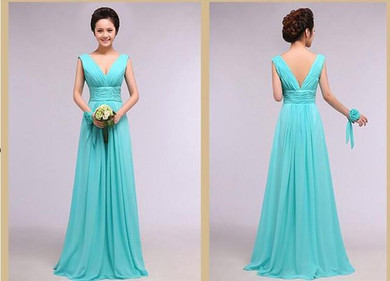 2017 New Custom Made Blue Chiffon Bridesmaid Dresses Female Formal Party Prom Dresses A-Line V-Neck