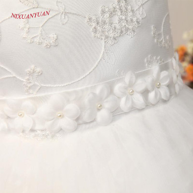2017 New Custom Made Cute Bow  Ball Gown Ivory Tulle  Flower Girl Dresses 2017 Belt With Flower Lace Floor Length Gown Cheap