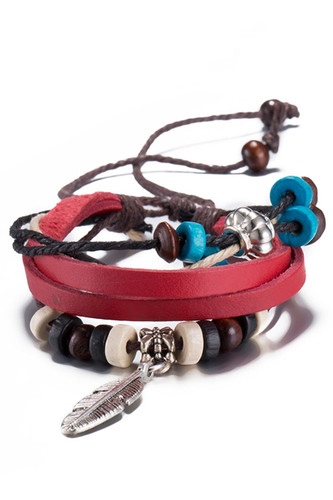 Red Leather Feather Charm Bracelet
