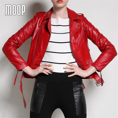 Red genuine leather jackets women lambskin motorcycle jacket coat with belt chaqueta mujer jaqueta de couro blouson moto LT175