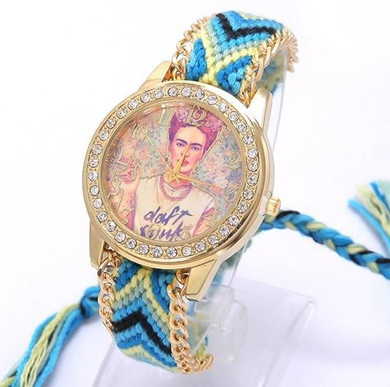 Rainbow Geneva Watch Women vintage hippie Mexican Rhinestone Style dial Fridas Fashion wristwatch Lace Chain Braid Reloj