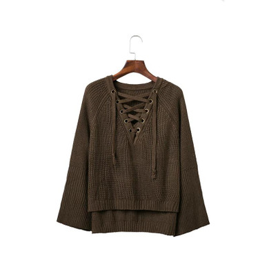 Lace up solid knitted Autumn Sweaters women Flare sleeve v-neck casual loose sweaters and pullovers knitting womens jumpers