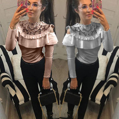 Lace See-through Crop Shirt Women Blouse Autumn Round Neck Long Sleeve Sexy Ladies Tops Lace Back Blouse