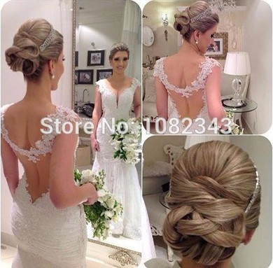 Lace Mermaid Deep V Neck Cap Sleeves Mermaid Long Wedding Dresses 2016 Sexy See Through Back Floor Length Wedding Dress SML30306