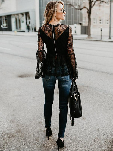 Lace Hollow Flared Sleeves Blouses&Shirts Top