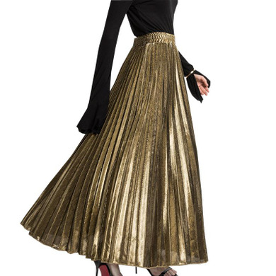 Lace Girl 2018 Spring Pleated Long Skirts For Women Skirt Fashion Gold Silver Vintage Metallic Maxi Skirts Formal Party Skirts