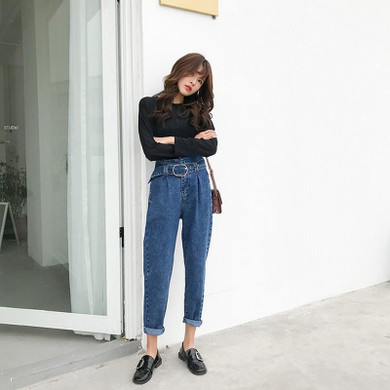 Kobeinc Boyfriend Jeans For Women Fashion Loose Women Jeans With High Waist Personality Asymmetrical Belt Vintage Denim Pants