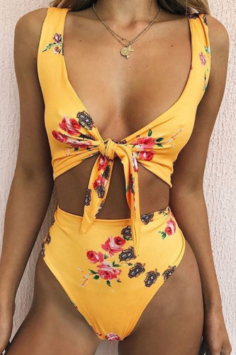 Knotted Printed High Waisted Bikini Swimsuit - Two Piece Set