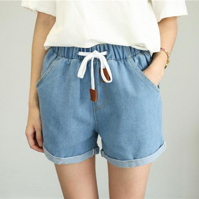 Hot Sale Summer 2018 New High Waist Shorts Casual Women Loose Straight Denim Short Pants Students Elastic Waist Jeans Shorts